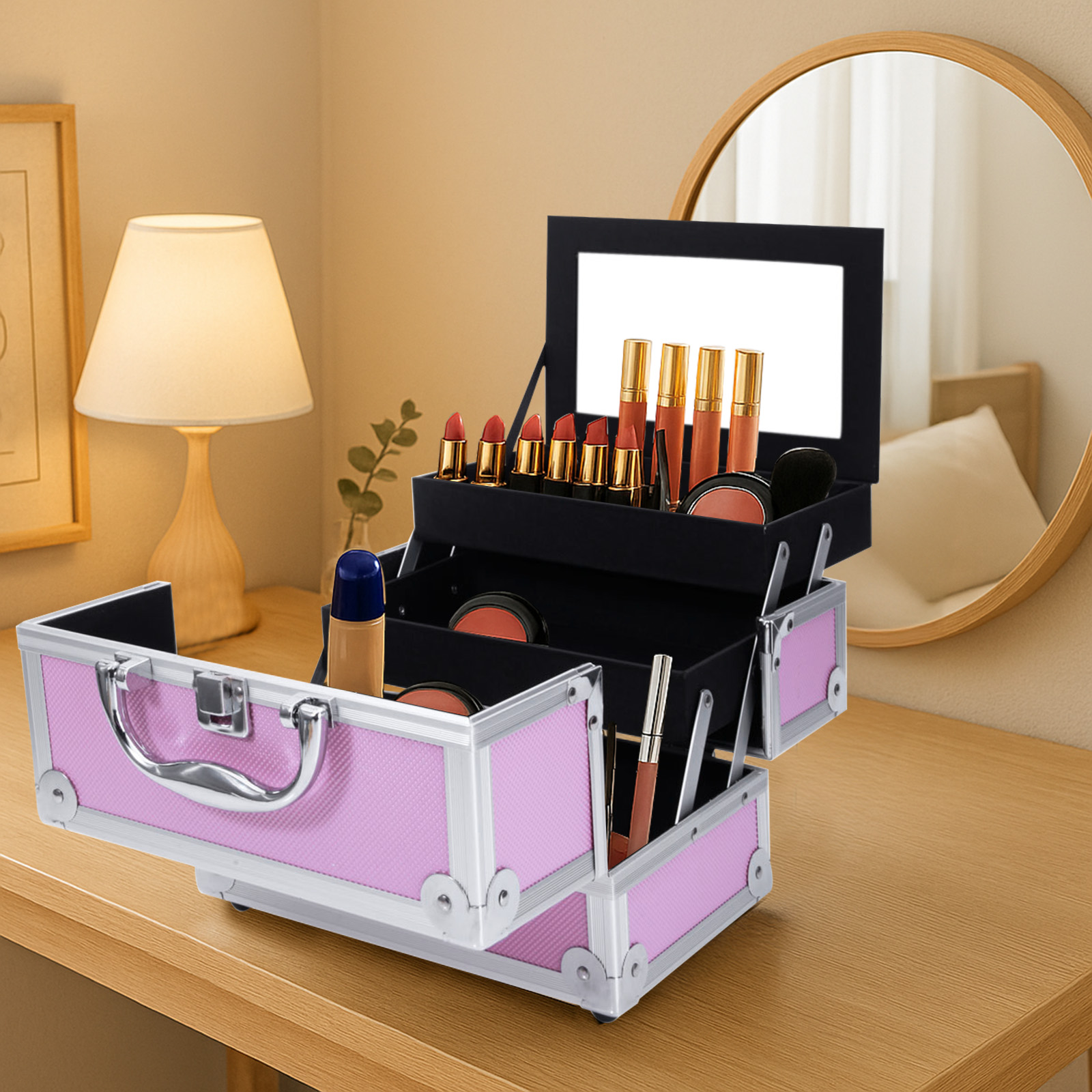 Beauty Makeup Women - Pink Aluminum Alloy Makeup Case, Double